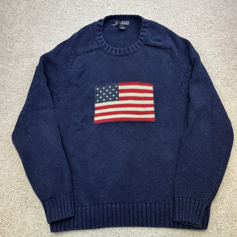 Lands' End Vtg Men's American Flag Sweater Navy Blue Large Cotton Patriotic USA
